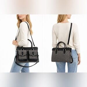 VTG Dooney & Bourke Canvas Double Pocket Satchel Gray DB Monogram Crossbody